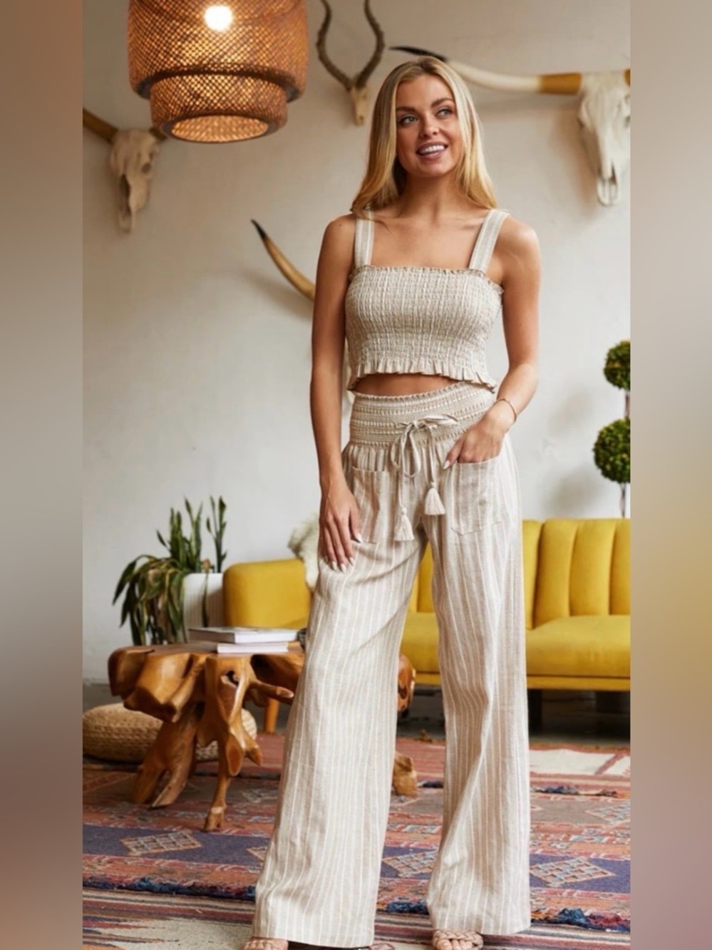 Rewash Beige Striped Wide Leg Pants